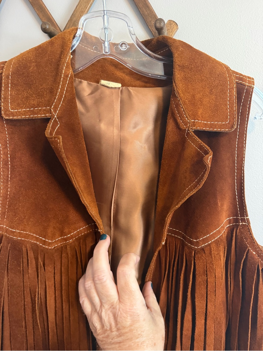 Vintage 70s Suede Leather Fringe Vest Mini Skirt Set Rust Brown XS S - Picture 10 of 13